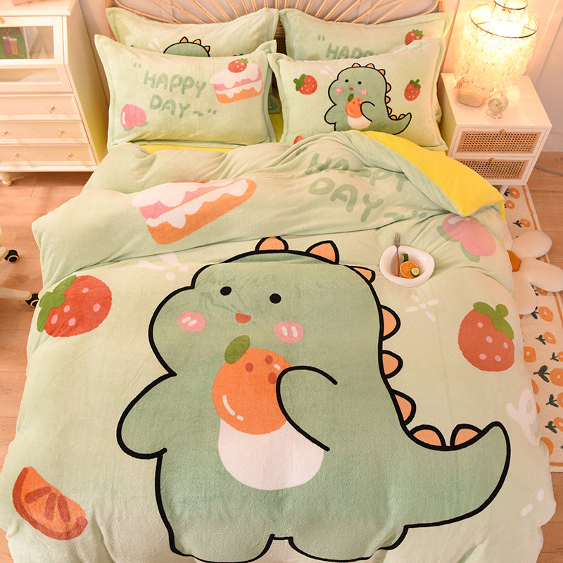 KTX-534291 Cartoon Milk Velvet Bed Set - Quilt Cover, Pillowcases & Sheet - Soft Flannel, 200x230cm