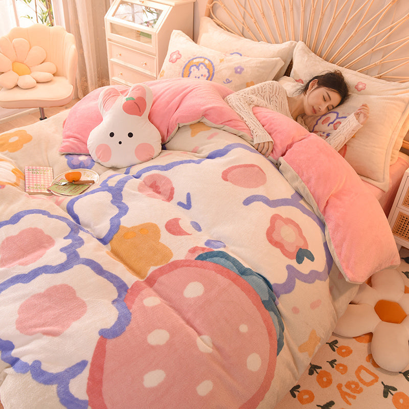 KTX-534291 Cartoon Milk Velvet Bed Set - Quilt Cover, Pillowcases & Sheet - Soft Flannel, 200x230cm
