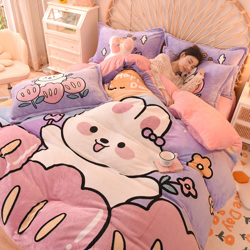 KTX-534291 Cartoon Milk Velvet Bed Set - Quilt Cover, Pillowcases & Sheet - Soft Flannel, 200x230cm