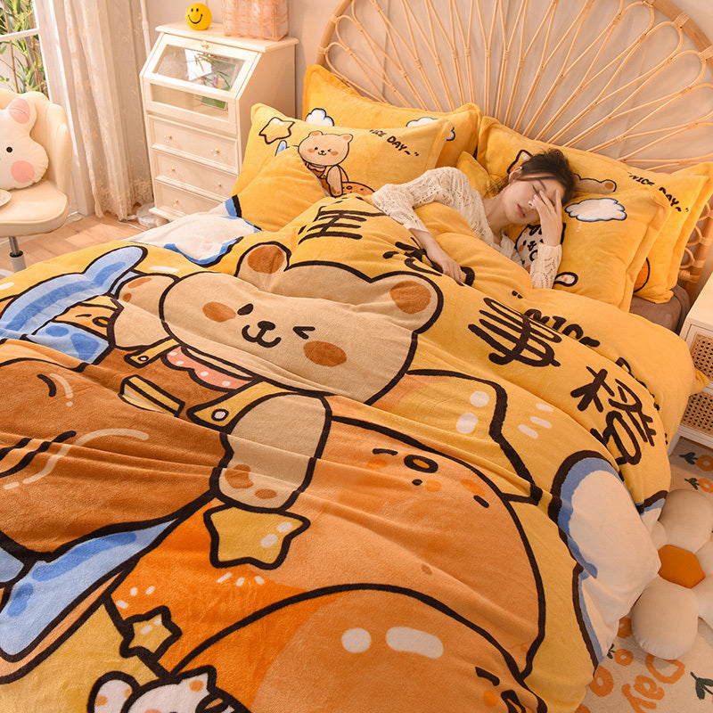 KTX-534291 Cartoon Milk Velvet Bed Set - Quilt Cover, Pillowcases & Sheet - Soft Flannel, 200x230cm