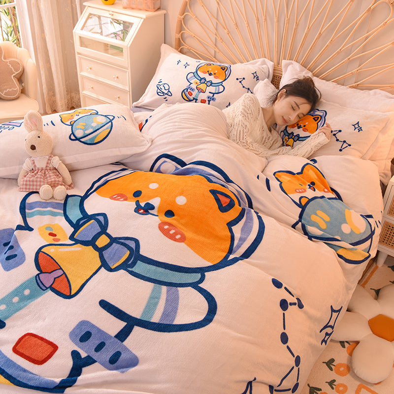 KTX-534291 Cartoon Milk Velvet Bed Set - Quilt Cover, Pillowcases & Sheet - Soft Flannel, 200x230cm