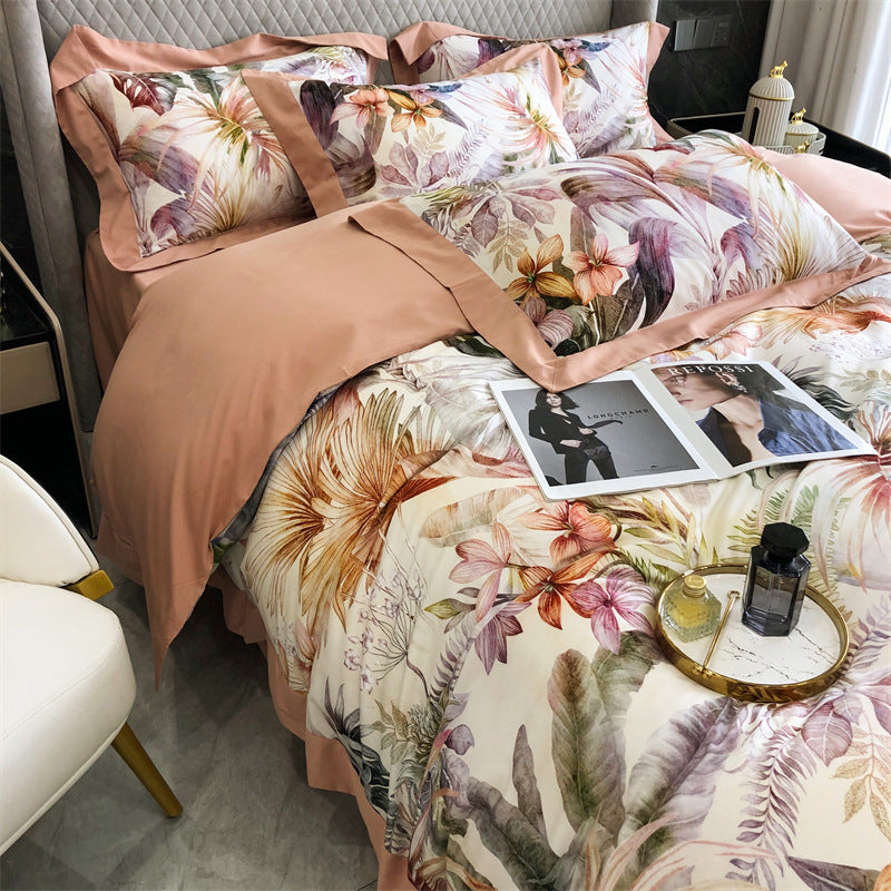 KTX-534611 Pure Cotton Four-Piece Bedding Set with Floral Pattern for 1.5-2m Beds