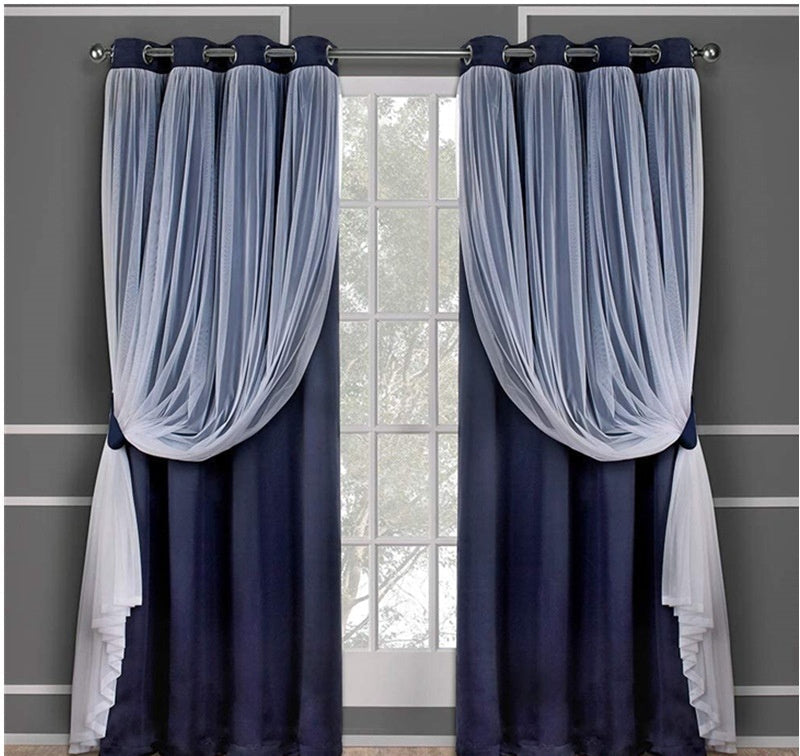 KTX-534995 Lace Double Layer Window Curtains in Dark Blue, Water Blue, Light Blue, and More – Various Sizes Available
