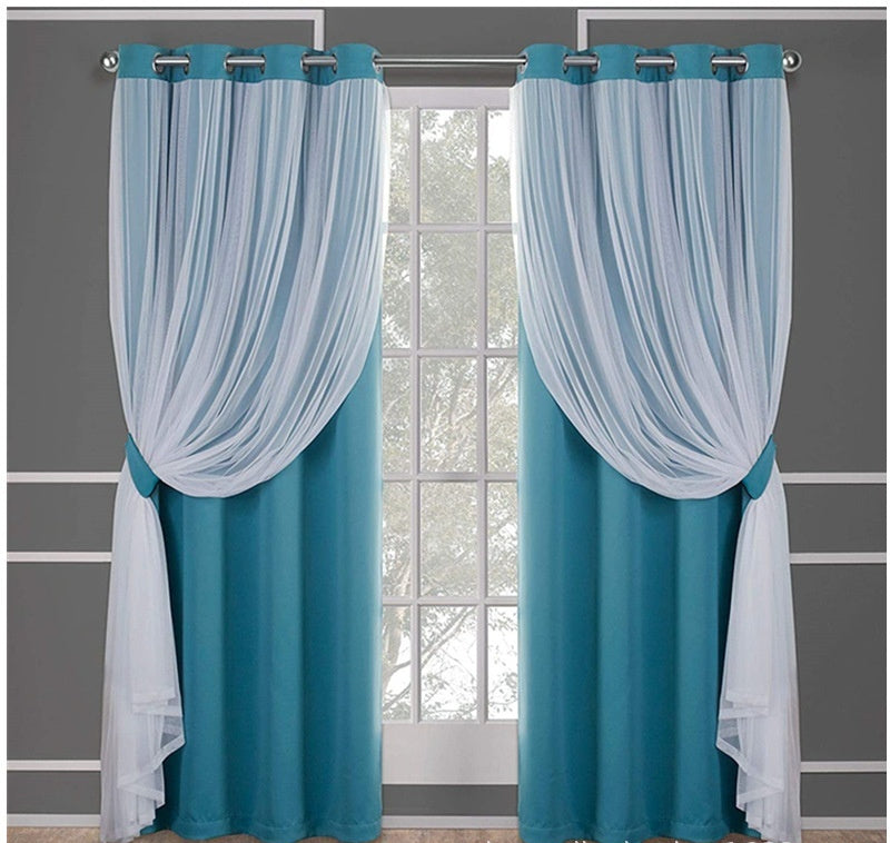 KTX-534995 Lace Double Layer Window Curtains in Dark Blue, Water Blue, Light Blue, and More – Various Sizes Available