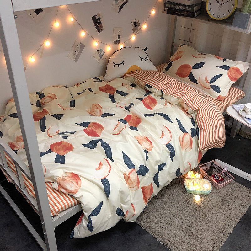 KTX-535251 Four-Piece Japanese Bedding Set with Floral Design - Polyester Quilt, Bed Sheets, and Pillowcases