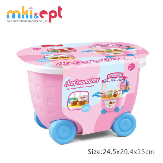 KTX-536275 Pink Ice Cream Cart Kitchen Set Toy with Shopping Trolley and Baskets for Kids Ages 2-7