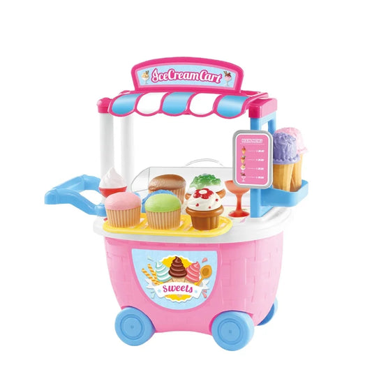 KTX-536275 Pink Ice Cream Cart Kitchen Set Toy with Shopping Trolley and Baskets for Kids Ages 2-7