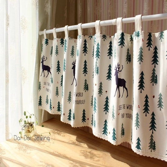 KTX-537299 Linen Cotton Christmas Elk Short Curtains for Decorative Use with Telescopic Rods