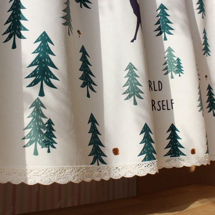 KTX-537299 Linen Cotton Christmas Elk Short Curtains for Decorative Use with Telescopic Rods