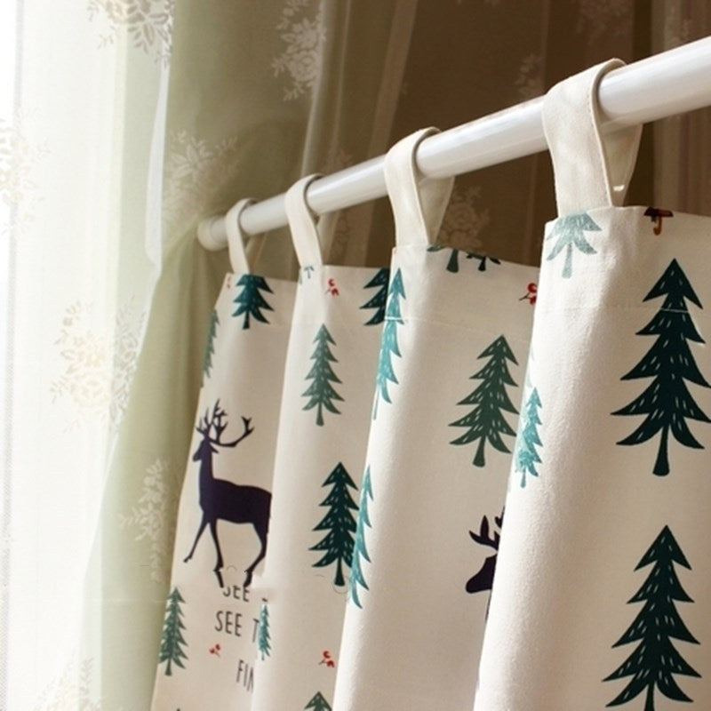 KTX-537299 Linen Cotton Christmas Elk Short Curtains for Decorative Use with Telescopic Rods
