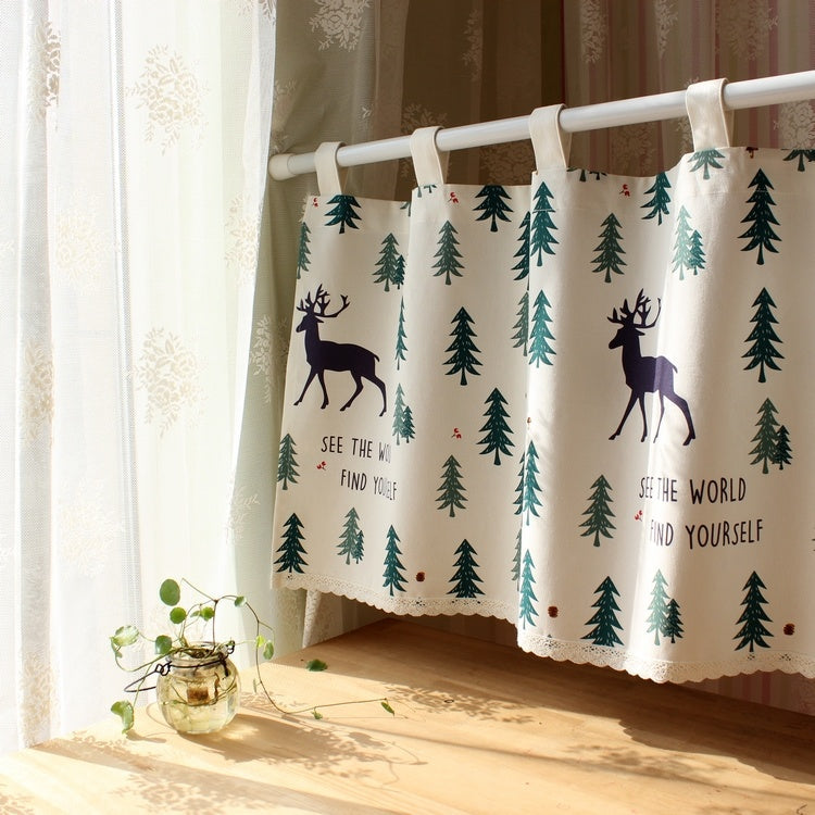 KTX-537299 Linen Cotton Christmas Elk Short Curtains for Decorative Use with Telescopic Rods