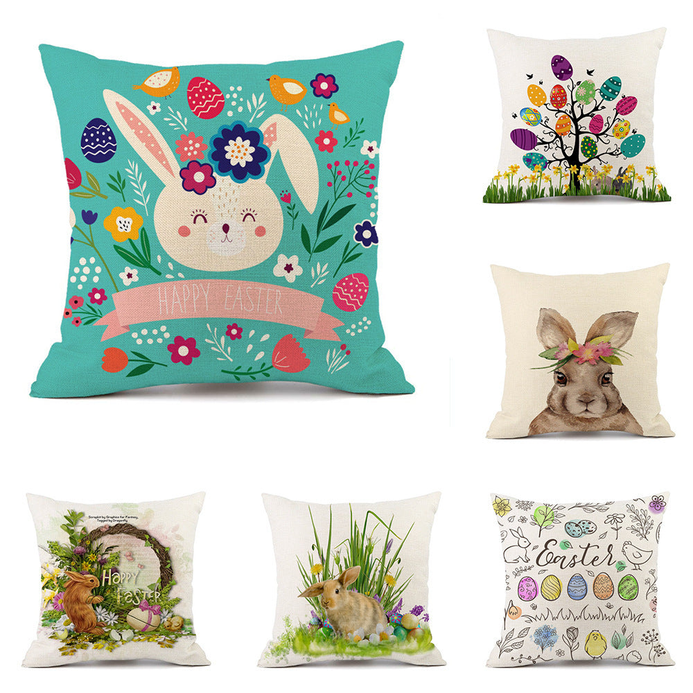 KTX-537427 Easter Bunny Rabbit Cotton and Linen Decorative Cushion Cover – 45x45cm