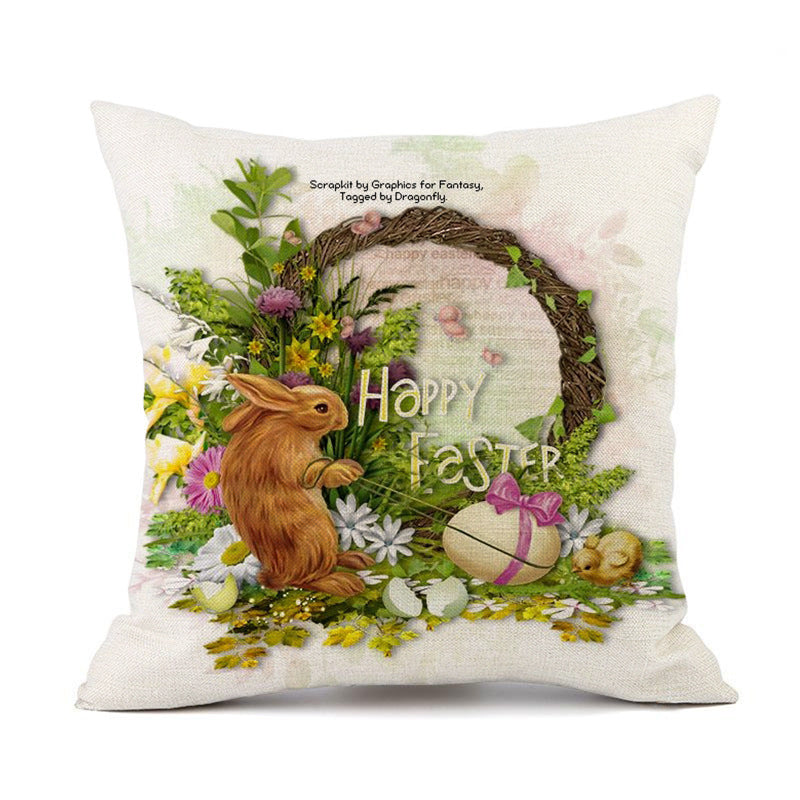 KTX-537427 Easter Bunny Rabbit Cotton and Linen Decorative Cushion Cover – 45x45cm