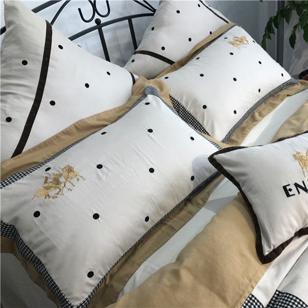 KTX-538899 Pure Cotton Velvet Embroidered Plaid Bedding Set - 4-Piece, Thick Warm Bedding for 1.5m to 2m Beds