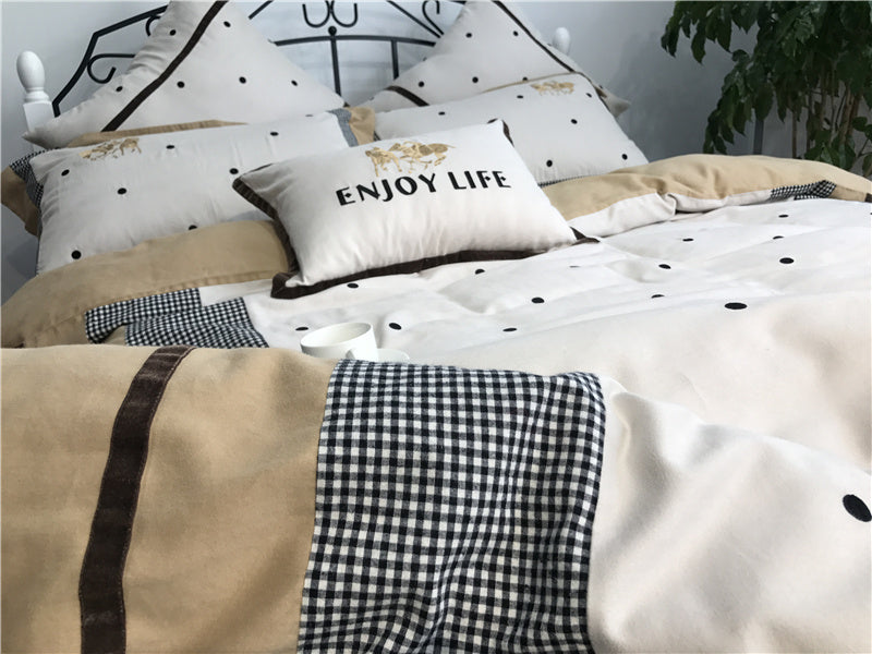 KTX-538899 Pure Cotton Velvet Embroidered Plaid Bedding Set - 4-Piece, Thick Warm Bedding for 1.5m to 2m Beds