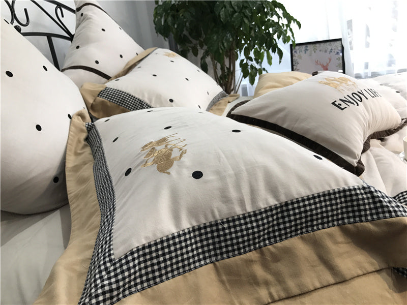 KTX-538899 Pure Cotton Velvet Embroidered Plaid Bedding Set - 4-Piece, Thick Warm Bedding for 1.5m to 2m Beds