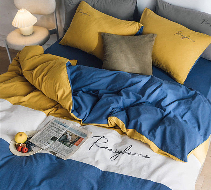 KTX-540883 Cotton Washed Four-Piece Double Bed Quilt Cover Set in Various Colors