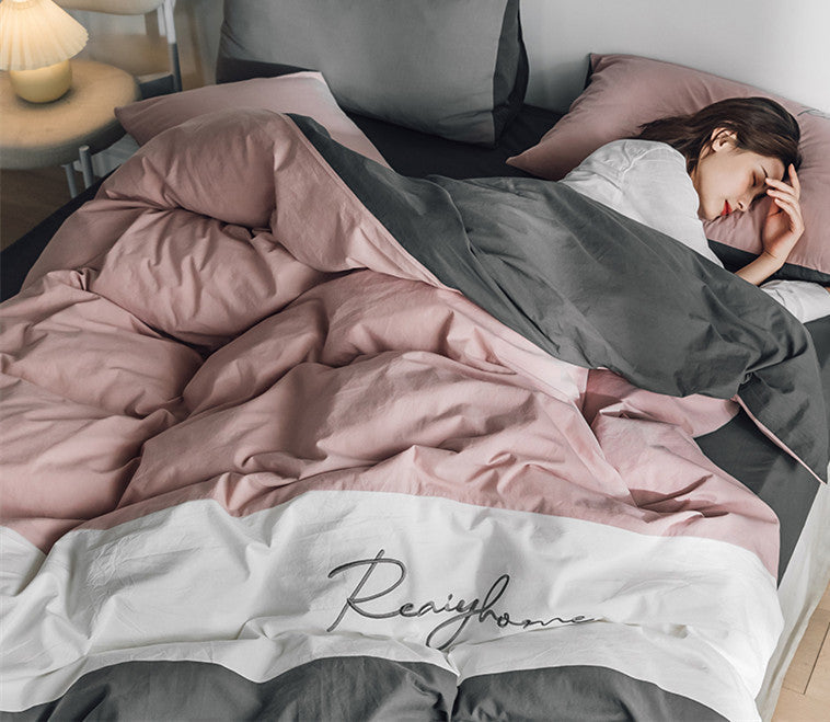 KTX-540883 Cotton Washed Four-Piece Double Bed Quilt Cover Set in Various Colors