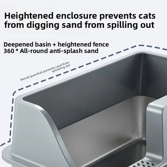 KTX-544787 Large Square Semi-Enclosed Cat Litter Tray with 20L Capacity, Stainless Steel, Odor Control, Eco-Friendly Design