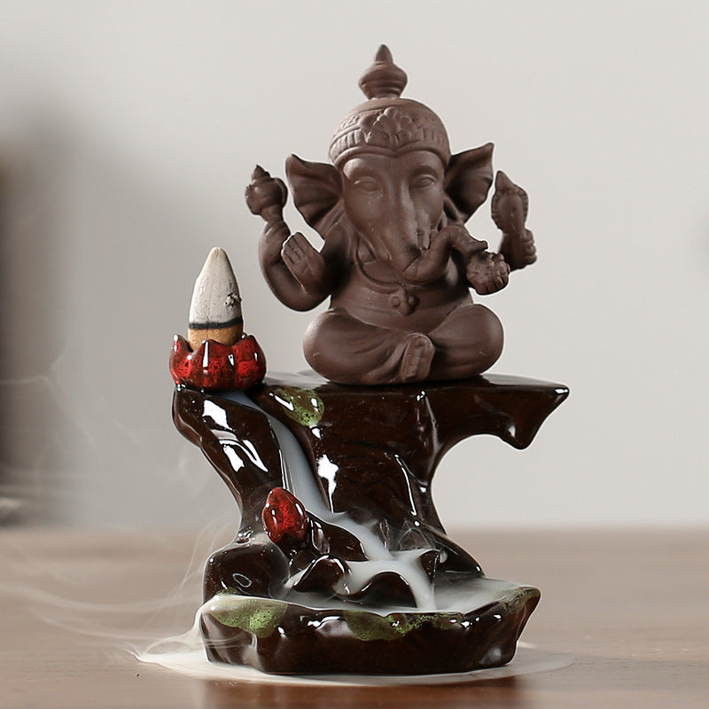 KTX-546579 Creative Indian Elephant God Backflow Incense Burner in Sandalwood for Home Décor
