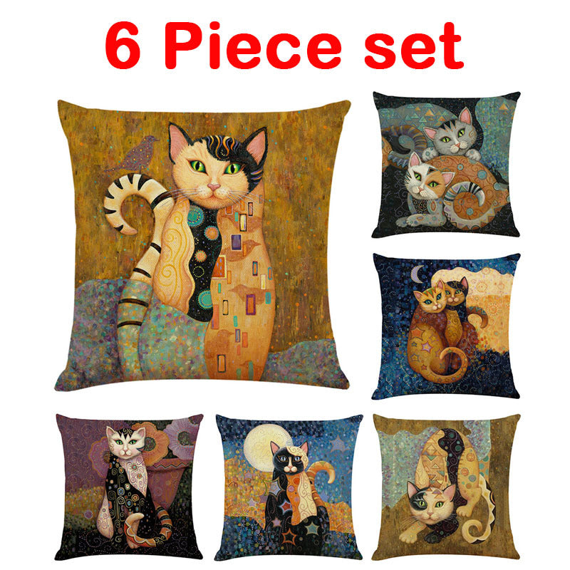 KTX-548755 Artistic Cat Print Pillowcase in Cotton and Linen Blend, 45x45 cm, with Invisible Zipper