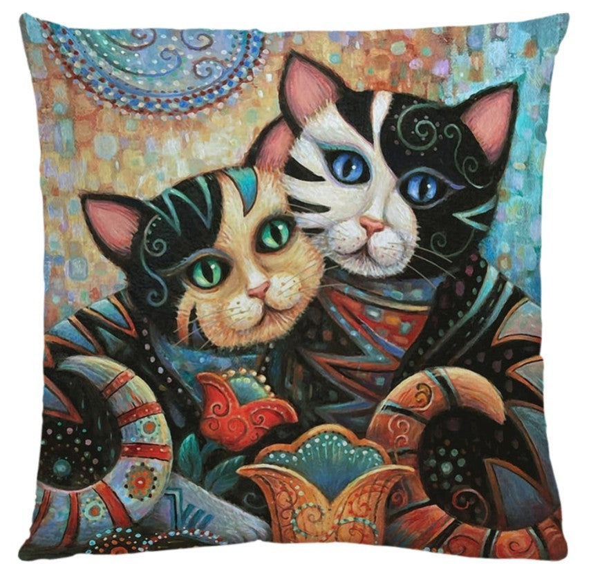 KTX-548755 Artistic Cat Print Pillowcase in Cotton and Linen Blend, 45x45 cm, with Invisible Zipper