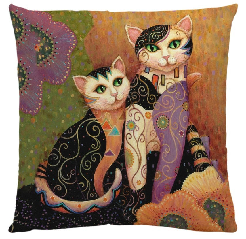 KTX-548755 Artistic Cat Print Pillowcase in Cotton and Linen Blend, 45x45 cm, with Invisible Zipper