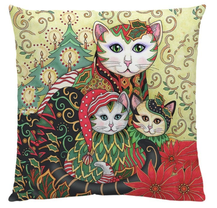 KTX-548755 Artistic Cat Print Pillowcase in Cotton and Linen Blend, 45x45 cm, with Invisible Zipper