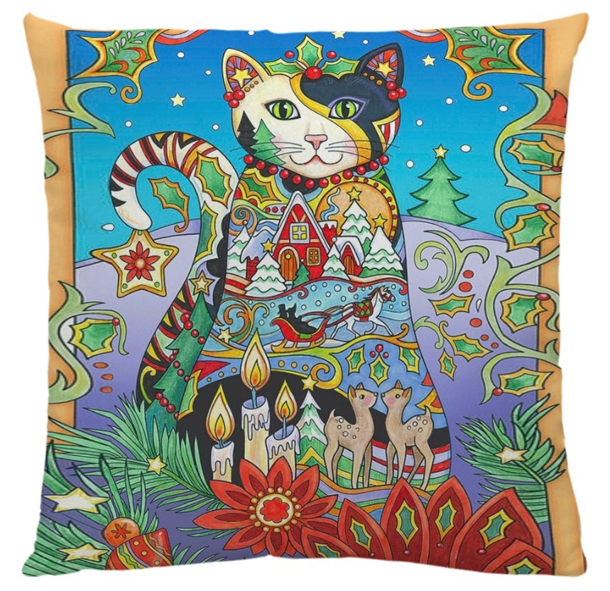 KTX-548755 Artistic Cat Print Pillowcase in Cotton and Linen Blend, 45x45 cm, with Invisible Zipper