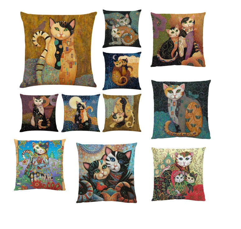 KTX-548755 Artistic Cat Print Pillowcase in Cotton and Linen Blend, 45x45 cm, with Invisible Zipper