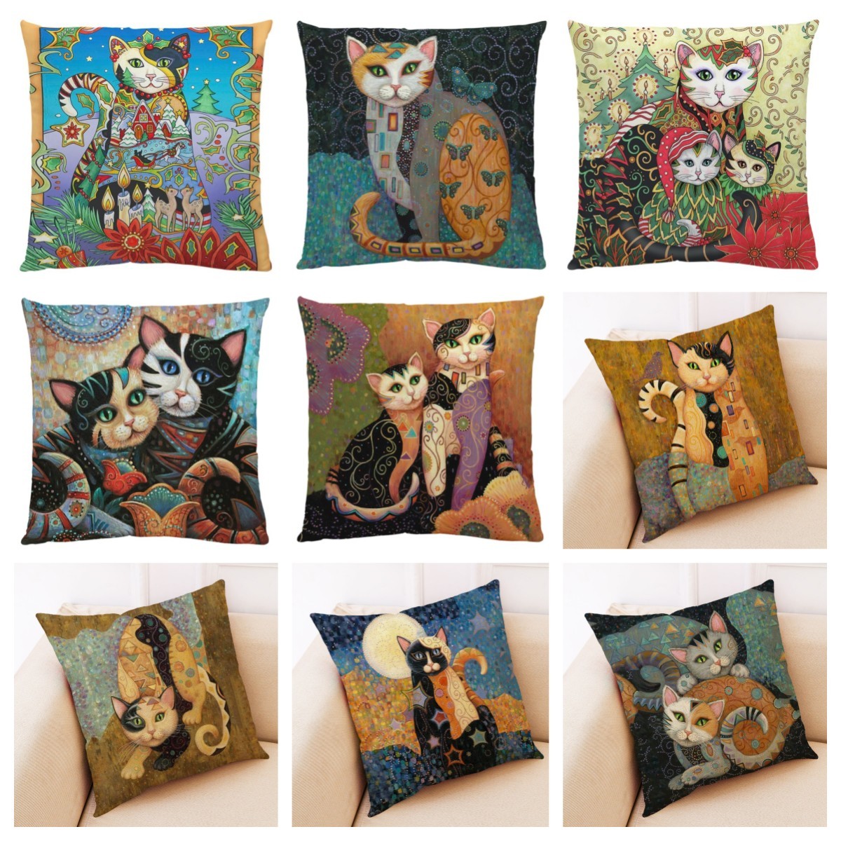 KTX-548755 Artistic Cat Print Pillowcase in Cotton and Linen Blend, 45x45 cm, with Invisible Zipper
