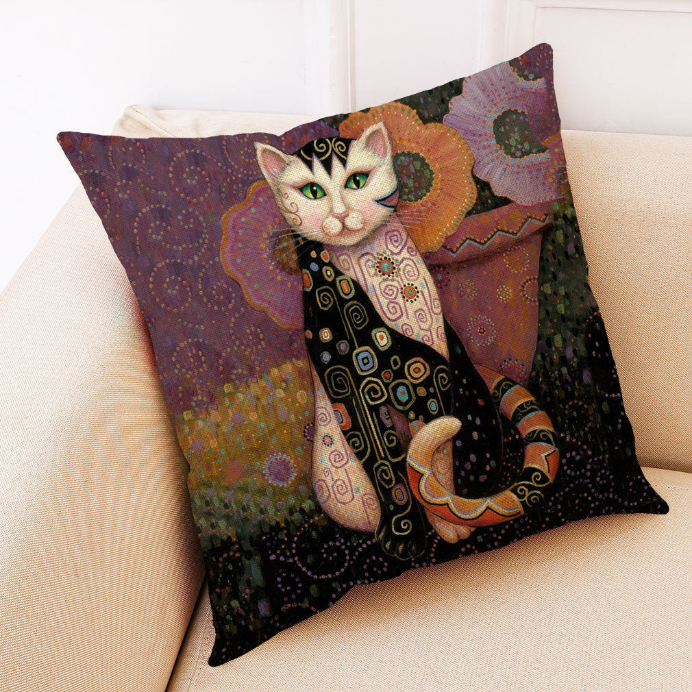KTX-548755 Artistic Cat Print Pillowcase in Cotton and Linen Blend, 45x45 cm, with Invisible Zipper