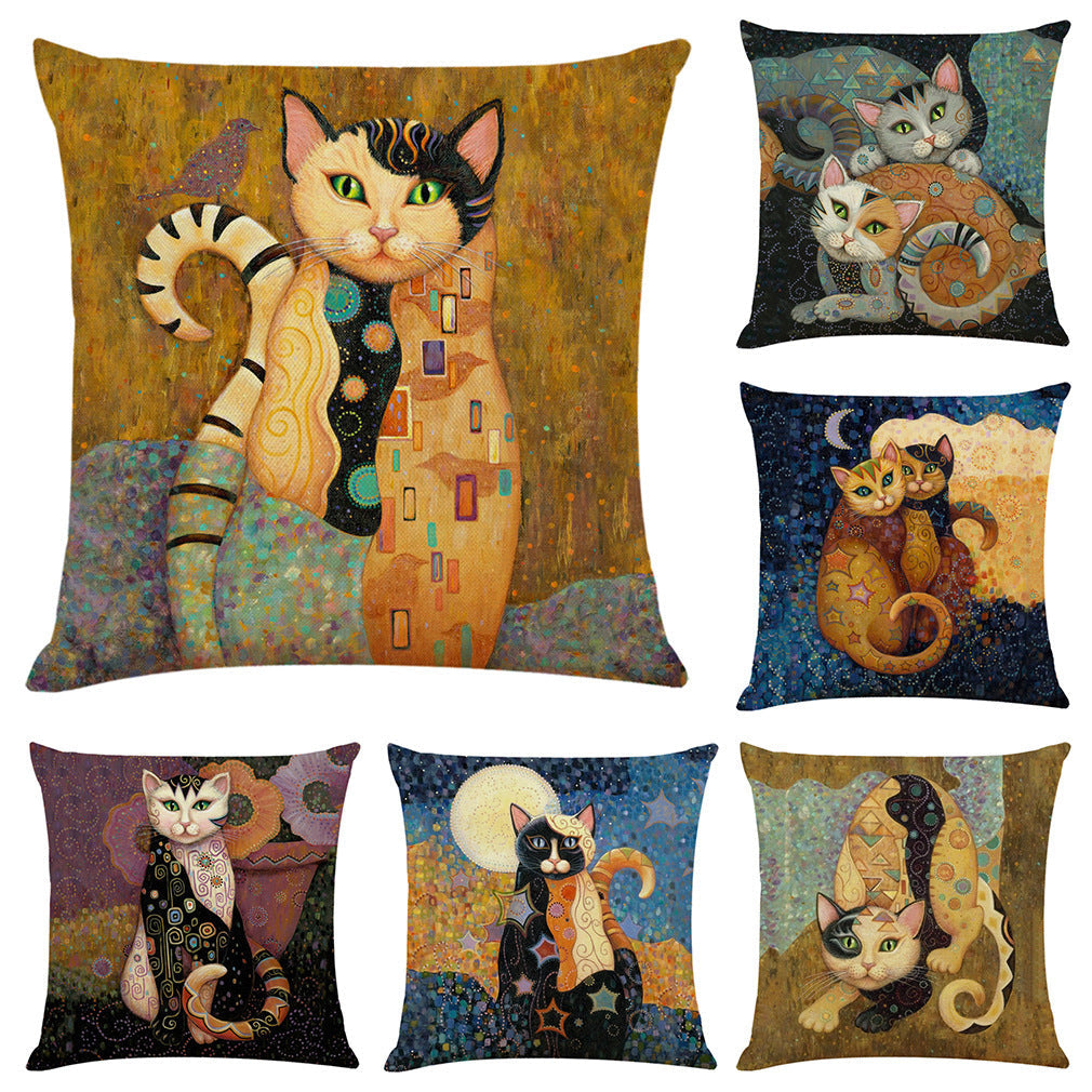 KTX-548755 Artistic Cat Print Pillowcase in Cotton and Linen Blend, 45x45 cm, with Invisible Zipper