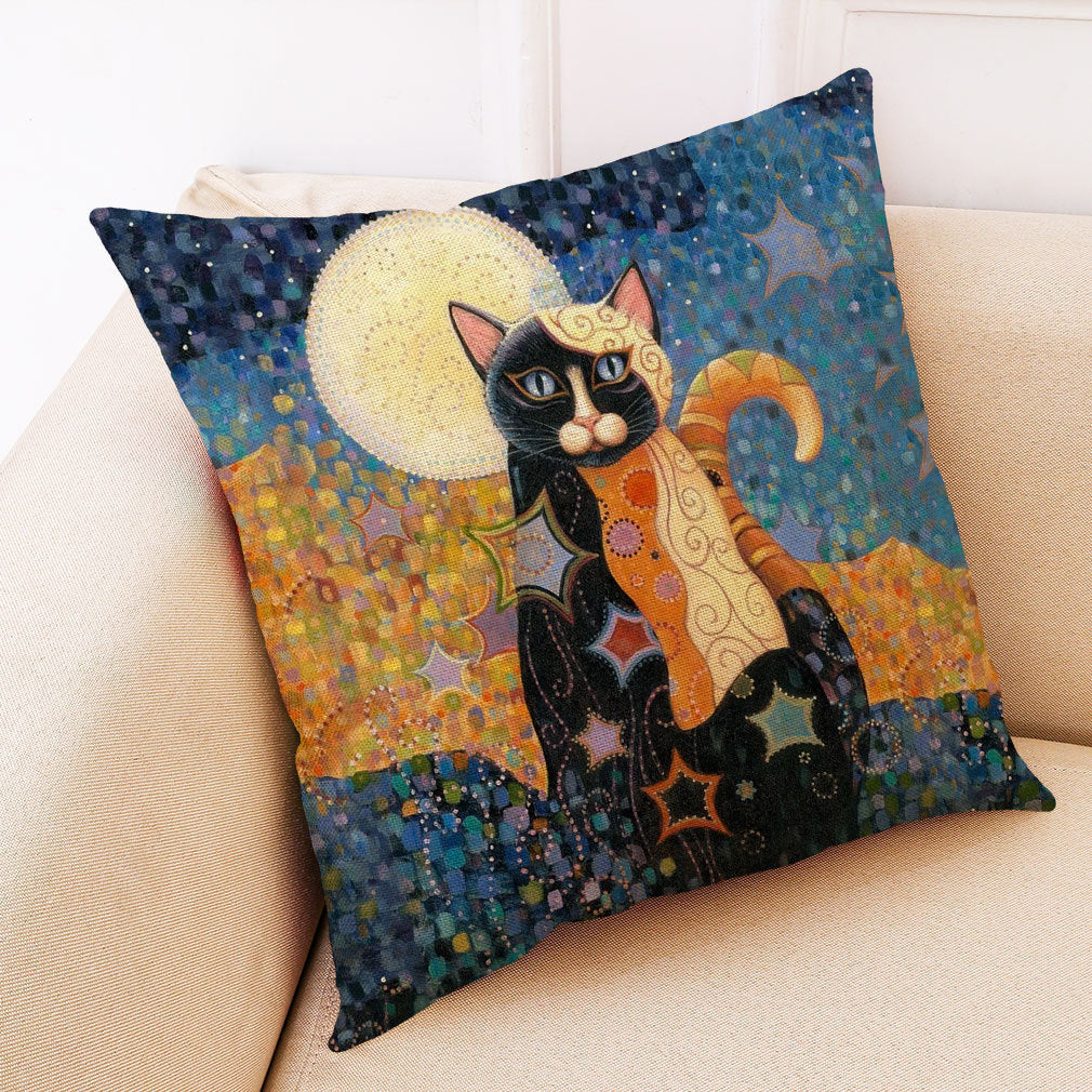 KTX-548755 Artistic Cat Print Pillowcase in Cotton and Linen Blend, 45x45 cm, with Invisible Zipper