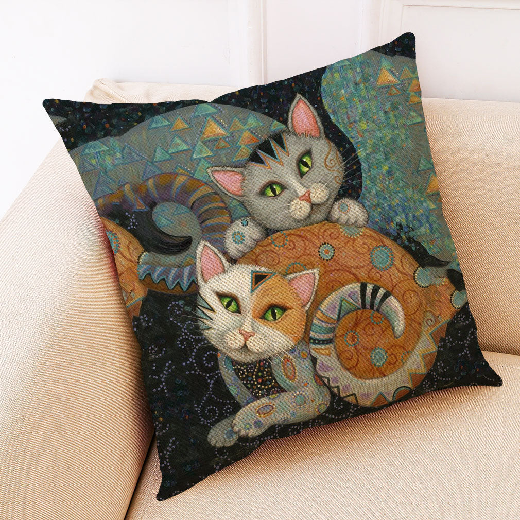KTX-548755 Artistic Cat Print Pillowcase in Cotton and Linen Blend, 45x45 cm, with Invisible Zipper