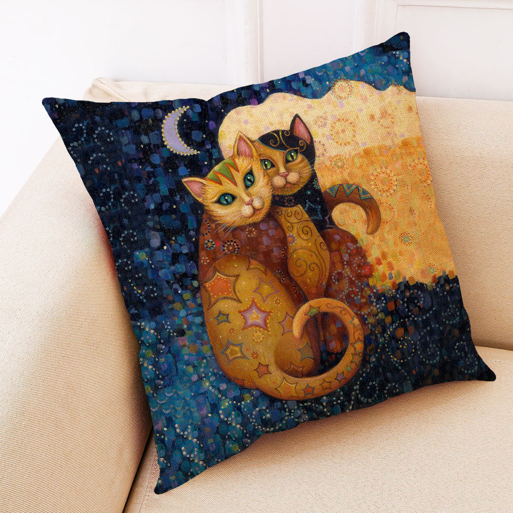 KTX-548755 Artistic Cat Print Pillowcase in Cotton and Linen Blend, 45x45 cm, with Invisible Zipper