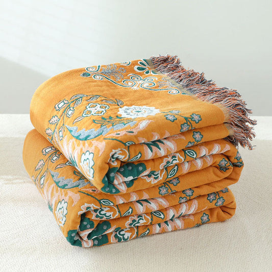 KTX-549267 European Style Cotton Gauze Fringed Sofa Cover in Yellow Orange with Floral Pattern, 150x200cm and 200x230cm Options