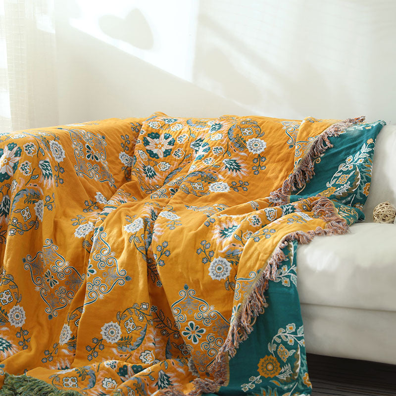 KTX-549267 European Style Cotton Gauze Fringed Sofa Cover in Yellow Orange with Floral Pattern, 150x200cm and 200x230cm Options