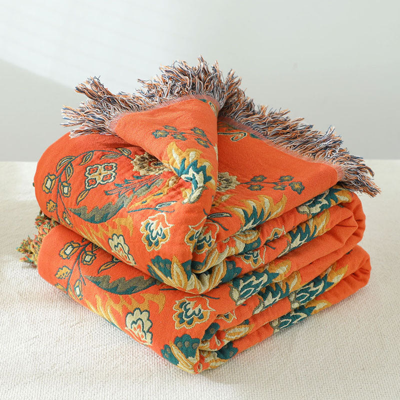 KTX-549267 European Style Cotton Gauze Fringed Sofa Cover in Yellow Orange with Floral Pattern, 150x200cm and 200x230cm Options