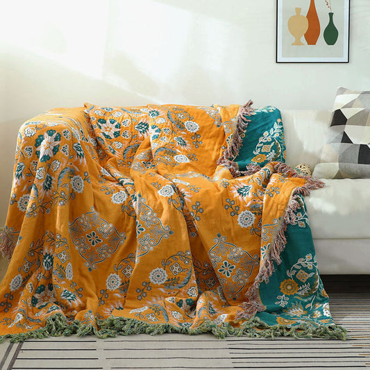 KTX-549267 European Style Cotton Gauze Fringed Sofa Cover in Yellow Orange with Floral Pattern, 150x200cm and 200x230cm Options