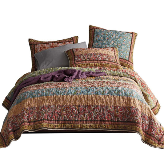 KTX-553235 Urban Stripe 3-Piece Cotton Bed Cover Set with Floral Design for 2.0m Bed