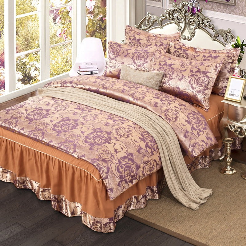 KTX-553555 Satin Jacquard Bedspread Set with Bed Skirt - Plant Floral Design, Yellow, Fits 1.8m Bed