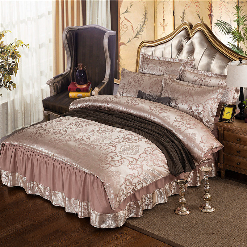 KTX-553555 Satin Jacquard Bedspread Set with Bed Skirt - Plant Floral Design, Yellow, Fits 1.8m Bed