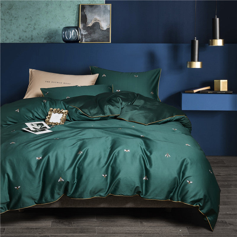 KTX-554387 Satin Cotton Four-Piece Pastoral Bedding Set with Floral and Plant Prints
