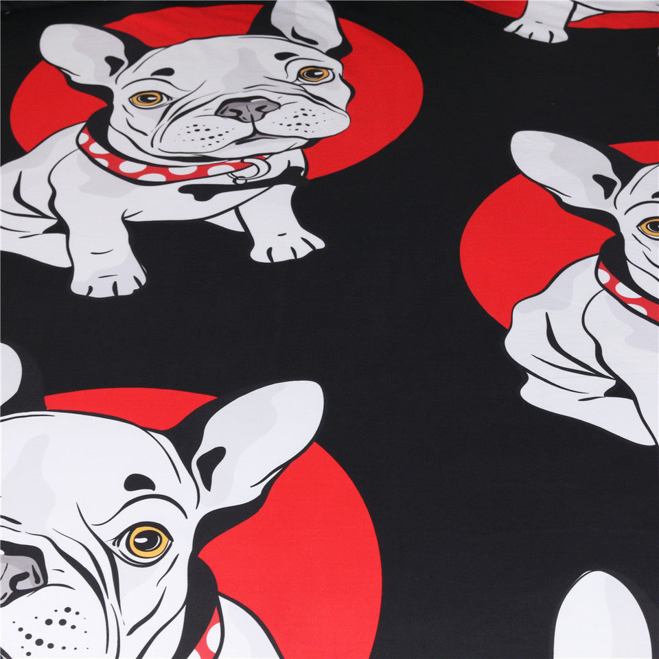 KTX-555859 Red and Black Bulldog Design Bedding Set - 3-Piece Polyester Collection for Various Bed Sizes