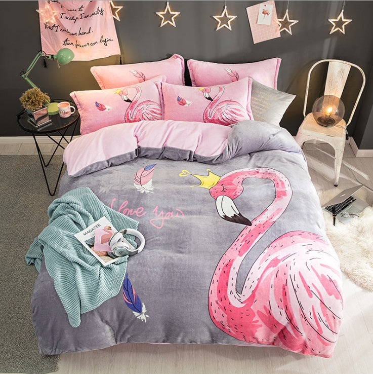 KTX-556179 Flannel Four-Piece Bedding Set in All-Crafted Velvet with French Velvet Printing