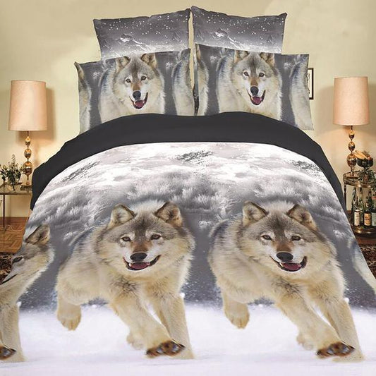 KTX-557779 Wolf-Themed Polyester Fiber Bedding Set - Queen Size with Quilt Cover and Pillow Cases