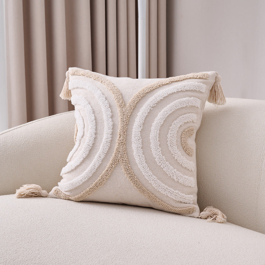 KTX-557907 Bohemian Style Cotton and Linen Pillow Cover with Geometric Patterns and Tassels, 45x45cm
