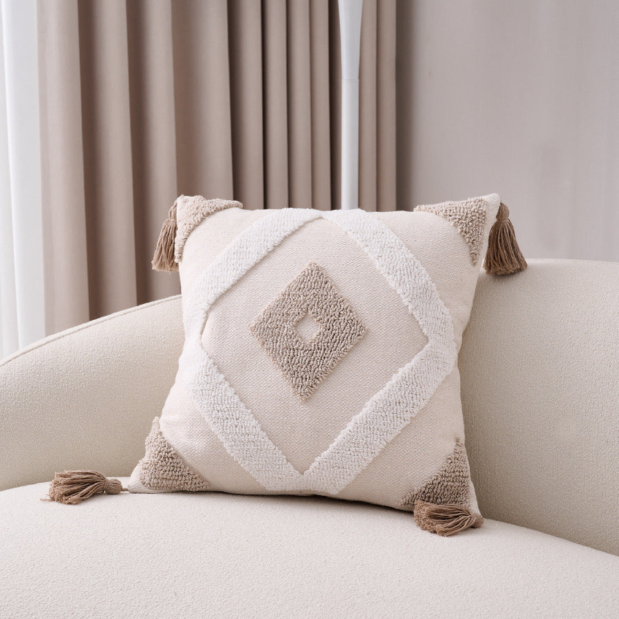 KTX-557907 Bohemian Style Cotton and Linen Pillow Cover with Geometric Patterns and Tassels, 45x45cm