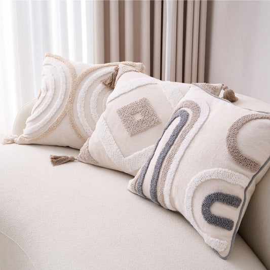 KTX-557907 Bohemian Style Cotton and Linen Pillow Cover with Geometric Patterns and Tassels, 45x45cm